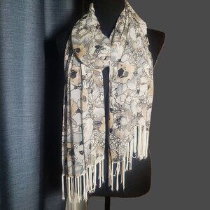 NWOT Floral Fringe Scarf in Blue/Gray/Brown - Made in India